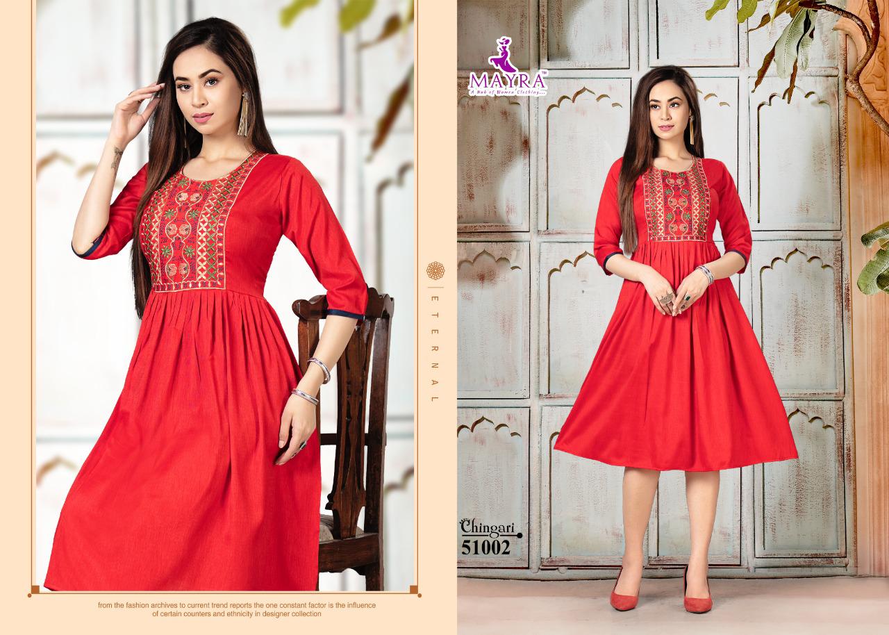 Mayra Chingari Fancy Regular Wear Rayon Printed Anarkali Kurti Collection